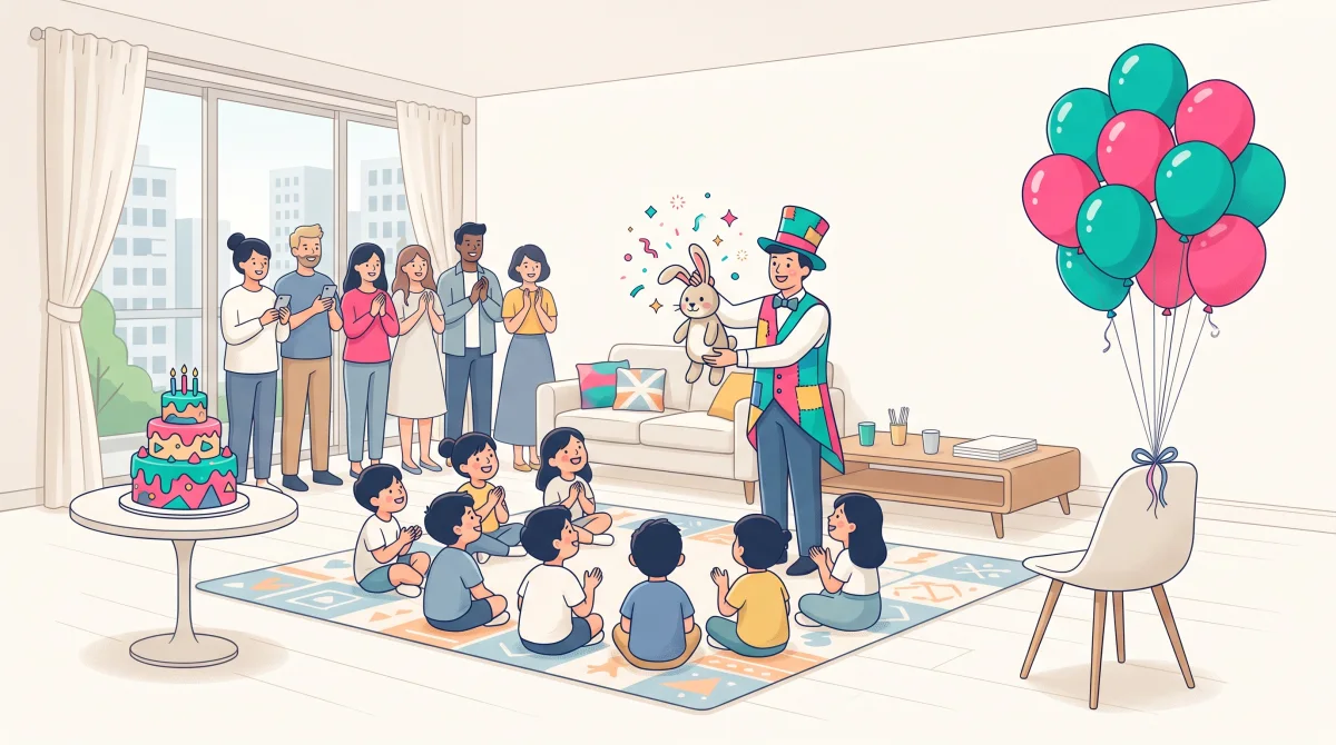 住宅客廳的兒童生日會：沙發推到牆邊，小朋友坐在地墊上看魔術師表演，家長站在後方