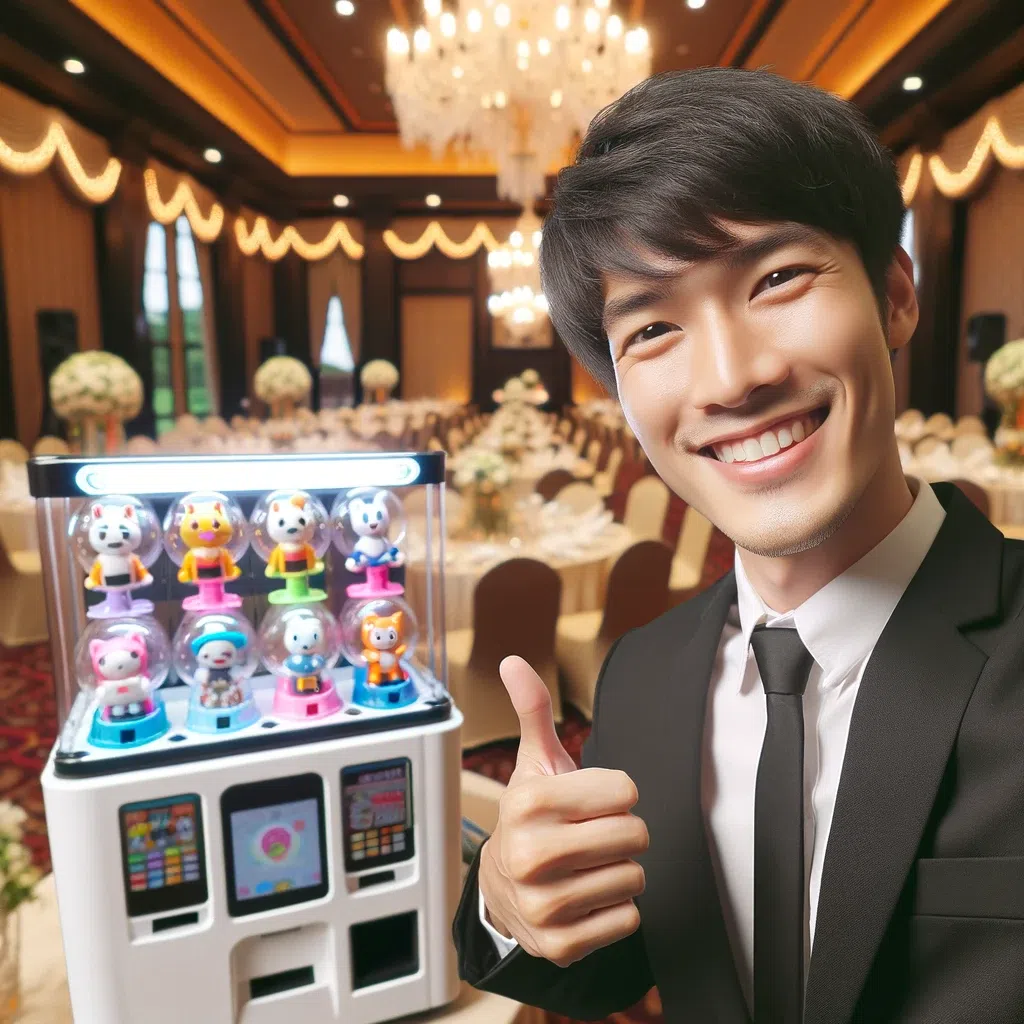 DALL·E 2024 01 10 16.32.36 A satisfied customer posing for a photo next to a gashapon machine at a well decorated party venue. The background shows a festive and elegant party s